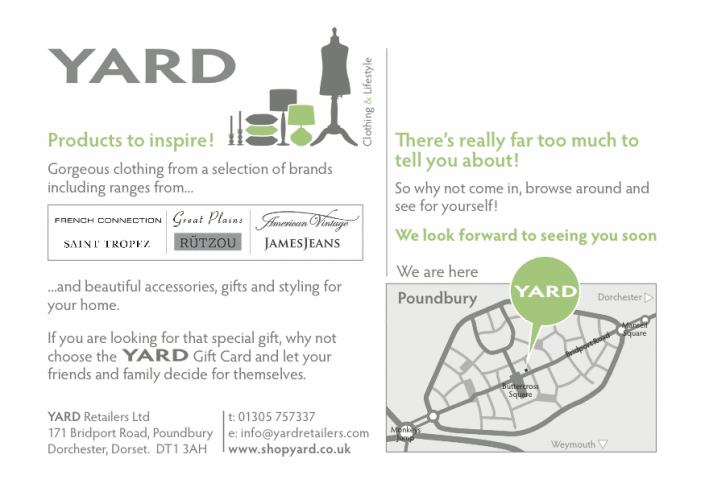 YARD shop find us in Poundbury, Dorset, Contact details